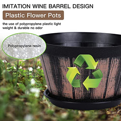 Quarut 8 inch Brown Plastic Whiskey Barrel Plant Pots Set of 4 with Drainage Holes and Saucer for Indoor and Outdoor Garden Home Plants - size: 8 inches