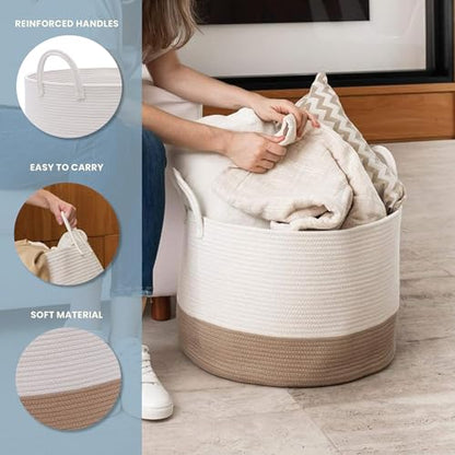 OrganiHaus Round Toy Basket & Blanket Basket, Cotton Rope 20x13" | Honey / Off-White - Round Cotton Rope Basket, 20x13" - color: Honey / Off-White, size: Wide