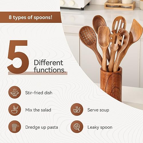 Kitchen 10PCS Teak Wooden Utensils Set With Holder and Spoon Rest | Non-stick, Easy to Clean, Durable, Smooth with Comfort Grip Wooden Spoons for Cooking - Non Toxic Wooden Cooking Utensil - style: 10 Pcs Spoons with Utensils Holder