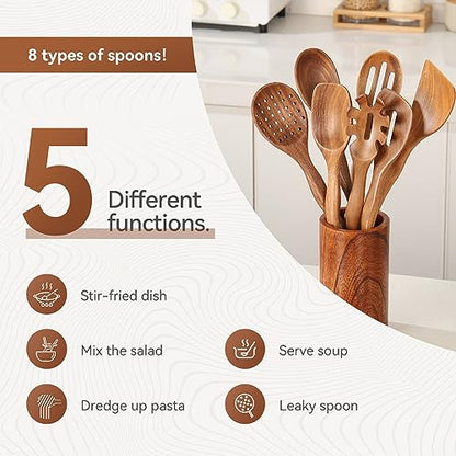 Kitchen 10PCS Teak Wooden Utensils Set With Holder and Spoon Rest | Non-stick, Easy to Clean, Durable, Smooth with Comfort Grip Wooden Spoons for Cooking - Non Toxic Wooden Cooking Utensil - style: 10 Pcs Spoons with Utensils Holder