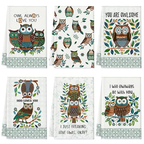 6 Pack Decorative Kitchen Towels Sets Hand Dish Towels for Kitchen Bathroom Home Supplies Housewarming Gift 16" x 24"(Green,Owl) - color: Green, style: Owl
