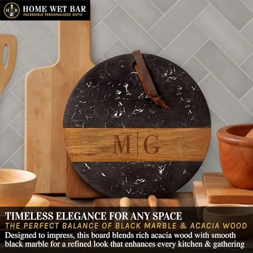 HomeWetBar Personalized Charcuterie Board | Custom 12" Round Black Marble & Acacia Wood Cheese Board | Perfect Housewarming + Wedding + Couples Gift Idea - style: Winslow Round Black Marble Board