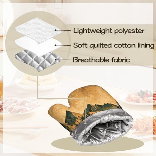 Retro Bear Mountain Oven Mitts and Pot Holders Sets of 4, Heat Resistant Silicone Oven Mitts Gloves Non-Slip Kitchen Mittens Potholders for Cooking Baking Grilling BBQ - color: Retro Bear Mountain