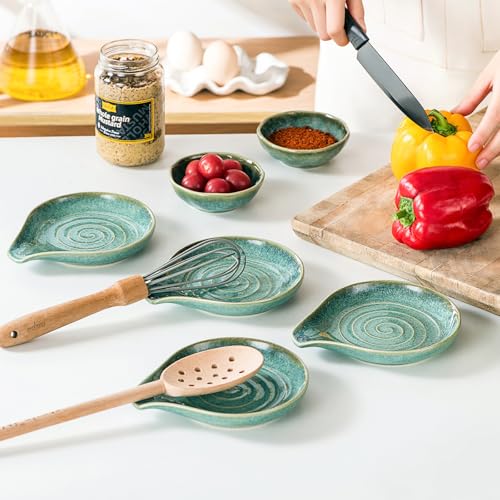 Ceramic Spoon Rest Set of 4, Spoon Holder for Kitchen Counter & Stove Top | Reactive Glaze, Holds Spoons, Spatulas & Cooking Utensils, Keeps Countertops Clean, Dishwasher Safe