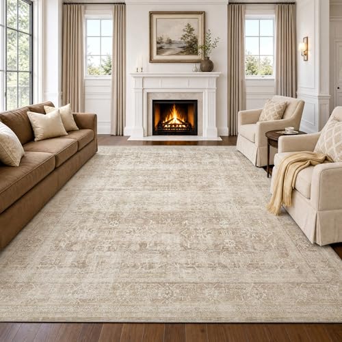 Beauoop 8x10 Washable Beige Neutral Vintage Large Area Rug for Living Room | Distressed Oriental Retro Traditional Non Slip Low Pile Thin Soft Indoor Rug Cream Pattern Bedroom Dining Room Office Nursery - color: Beige, size: 8' x 10' (Rectangular)