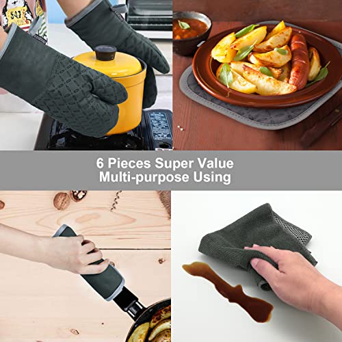 KEGOUU Oven Mitts and Pot Holders 6pcs Set, Kitchen Oven Glove High Heat Resistant 500 Degree Extra Long Oven Mitts and Potholder with Non-Slip Silicone Surface for Cooking (Deep Green) - color: Deep Green