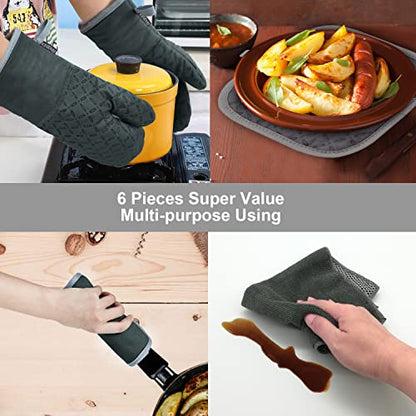 KEGOUU Oven Mitts and Pot Holders 6pcs Set, Kitchen Oven Glove High Heat Resistant 500 Degree Extra Long Oven Mitts and Potholder with Non-Slip Silicone Surface for Cooking (Deep Green) - color: Deep Green