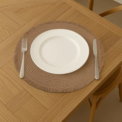 15 Inch Set of 6 Round Woven Placemats Braided Paper Heat Resistant Table Mats with Tassel Boho Indoor Outdoor Table Placemats for Dining Tables (Brown) - color: Brown