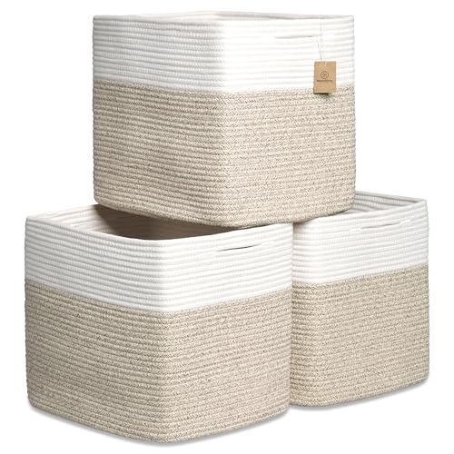 NaturalCozy 13x15x13 Kallax Storage Cubes Bins, 3 Pack | Cotton Rope Cube Storage Bin Woven Baskets for Organizing | Kallax Insert Storage Baskets for Shelves Organizer, Kids Toy, Closet Baby Nursery - color: Off White & Mixed Brown, size: 15 x 13 x 13 (K
