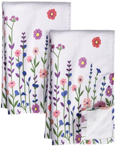 Cotton Kitchen Towels Set of 2, 16x26 Inch, Purple Flower | Soft & Absorbent, Hanging Loop, Quick Dry Hand Towel, Cute Dish Towel, Decorative Terry Cloth Tea Towel, Housewarming Gift - color: Purple Flower