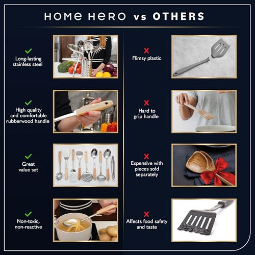 Home Hero 10-Piece Stainless Steel Kitchen Utensil Set with Wooden Handle | Ergonomic Wood Handle Stainless Steel Kitchen Utensils - Rust-Resistant, Nonstick Safe with Storage Holder (10-Piece) - size: 10 pieces