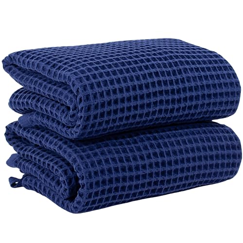 PÜSKÜL 2-Piece Natural 100% Turkish Cotton Waffle Bath Towels Extra-Large | Navy Blue, 32x63" Bath Sheet Towel, Light Soft Absorbent Quick-Dry Lint-Free Premium Honeycomb Weave Oeko-Tex Made in Turkiye - color: Navy Blue