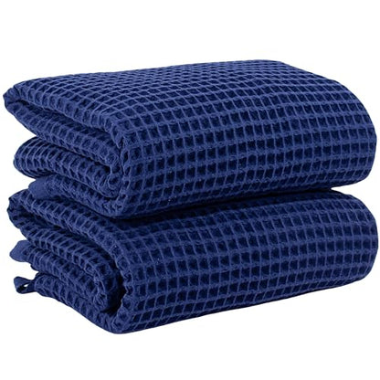 PÜSKÜL 2-Piece Natural 100% Turkish Cotton Waffle Bath Towels Extra-Large | Navy Blue, 32x63" Bath Sheet Towel, Light Soft Absorbent Quick-Dry Lint-Free Premium Honeycomb Weave Oeko-Tex Made in Turkiye - color: Navy Blue