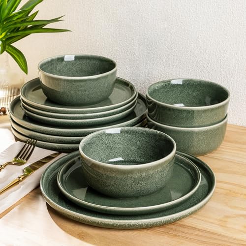 AmorArc Stoneware Dinnerware Sets for 6, 18Pcs Plates and Bowls Sets Dishes | Ceramic Round Reactive Glaze Dishes Set, Highly Scratch Resistant | Dishwasher & Microwave Safe Dishware - color: Jade Green, size: Service for 6
