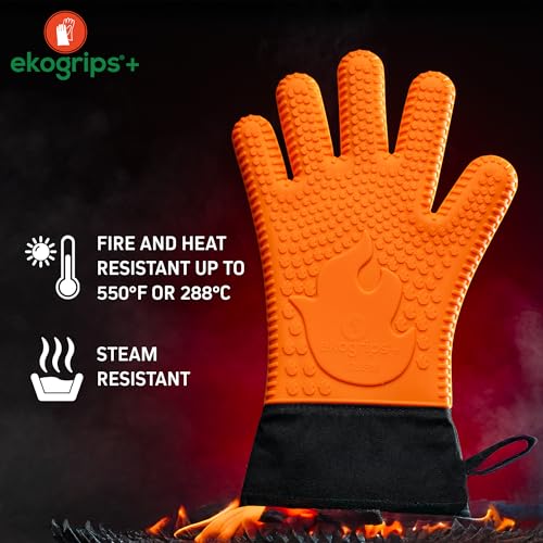 Ekogrips Plus Oven Gloves with Fingers, Comfy Waterproof Silicone Oven Mitts Heat Resistant with Long Cuff, Insulated BBQ Gloves Perfect for Grilling, Baking, Smoker, Canning, and Pizza, Black, OSFM - color: Black, size: OSFM
