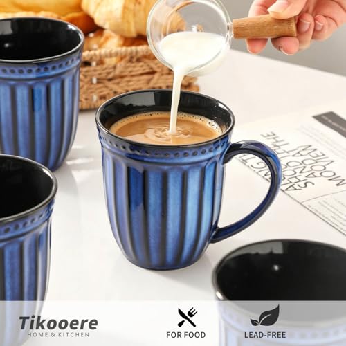 Coffee Mugs Set of 4, 16oz Navy Blue Ceramic Coffee Mug with Embossed Ribbed, Farmhouse Tea Cup Set for Latte, Cappuccino, Milk, Large Handle, Suitable for Office Home Restaurant Housewarming Gift - color: Navy Blue