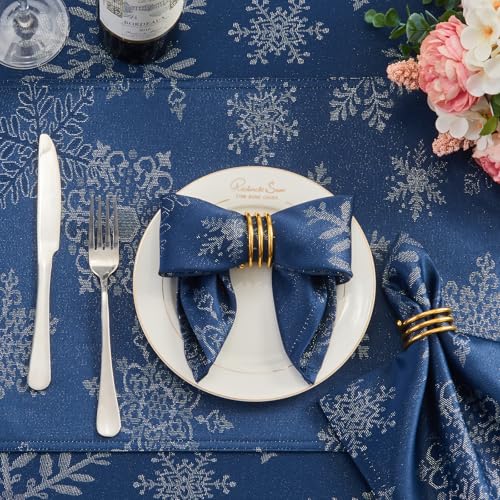Navy Silver Jacquard 17x17 Square Polyester Cloth Napkins Set of 8 | Waterproof, Stain Resistant, Shrink Proof, Washable, fabric, Outdoor, Reusable, Dining, Wedding, Kitchen, Party, Christmas - color: Navy Silver