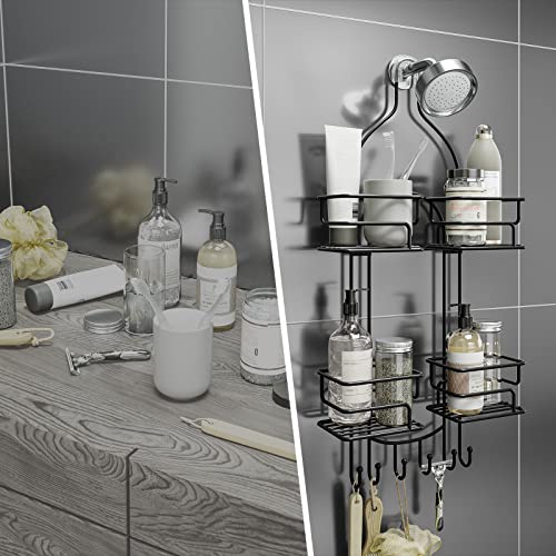 SRIWATANA Shower Caddy Hanging, Shower Organizer with Razor Hooks, Black | Rustproof Shower Rack, No Drilling Shelves Over Shower Head, Anti-Swing Scution Install, Bathroom Holder for Sponge Loofah - color: Black