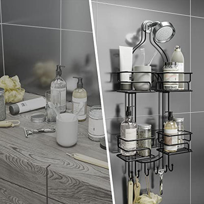 SRIWATANA Shower Caddy Hanging, Shower Organizer with Razor Hooks, Black | Rustproof Shower Rack, No Drilling Shelves Over Shower Head, Anti-Swing Scution Install, Bathroom Holder for Sponge Loofah - color: Black