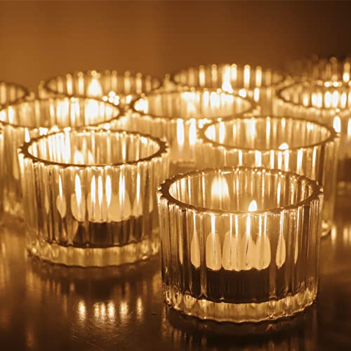 VOHO Clear Tealight Candle Holder Set of 12, Glass Tea Light Candles Holder | Ribbed Votive Candle Holders for Table Centerpiece, Clear Candle Holder for Wedding Christmas Birthday Decorations(2''x1.4'') - color: Clear