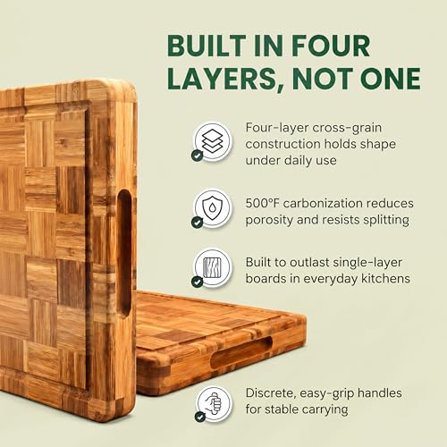Wood Cutting Boards for Kitchen with Juice Groove, Eco-Friendly Wooden Bamboo Chopping board, Food-Safe, Non Plastic Tabla Para, Carbonized Butcher Block for Meat, Veggies Fruits, Large - style: Large