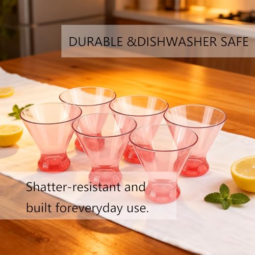 Set of 6 Stemless Martini Acrylic Glasses 9 oz, Heavy Base Stable Cocktail/Juice/Red Wine Glasses,Plastic Drinking Tumbler, Fits Ice Cream/Milkshakes,Ideal for Home Party(Pink) - color: Pink