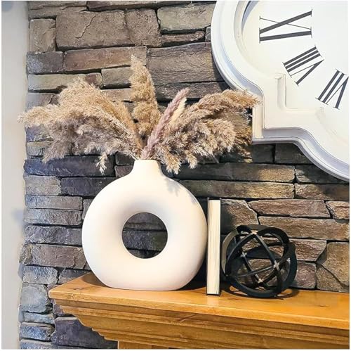 White Ceramic Donut Vase, 6 Inch Modern Flower Vase for Pampas Grass, Dried Flowers, Home & Office Decor, Centerpiece, Handcrafted Gift Vase Only
