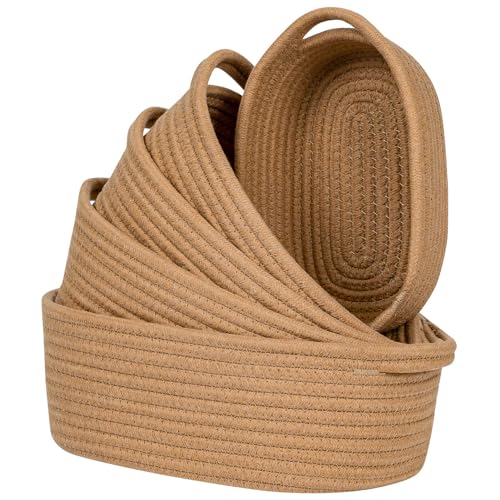 CubesLand Small Storage Basket Cotton Rope Organizer Baskets for Shelves | Set of 5 Decorative Closet Storage Bins with Handle for Countertop, Toilet Paper Basket for Toilet Tank Top, Brown Basket - color: Tan Brown