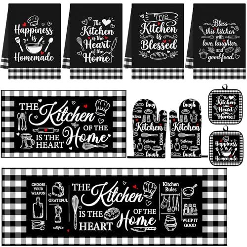 10 Pcs Kitchen Decor and Accessories Set, Buffalo Plaid | Black White Baking 4 Dish Towels Kitchen Rugs 2 Oven Mitts 2 Pot Holders, Home Decor for Cooking Baking BBQ Housewarming - color: Black