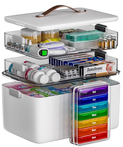 CTIME 3-Tier Medicine Organizer with Leather Portable Pill Case | Multipurpose Medical Box, Pill Organizer, Foldable Large Capacity, Clear Visible Lid, Ideal Gift for Elderly, Home Essential - size: Regular 3-Tier Set