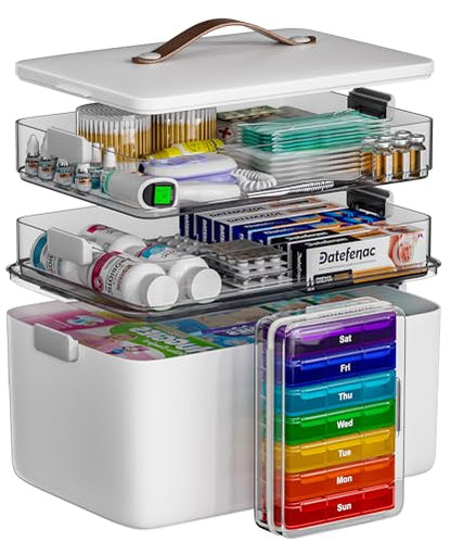 CTIME 3-Tier Medicine Organizer with Leather Portable Pill Case | Multipurpose Medical Box, Pill Organizer, Foldable Large Capacity, Clear Visible Lid, Ideal Gift for Elderly, Home Essential - size: Regular 3-Tier Set