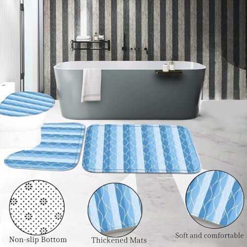 DDQQ 4Pcs Light Blue Bathroom Set Stripe Shower Curtain Set Modern Geometric Shower Curtain for Bathroom with 12 Hooks, Bathroom Carpet Bath Mat and Toilet Rugs - color: Light Blue
