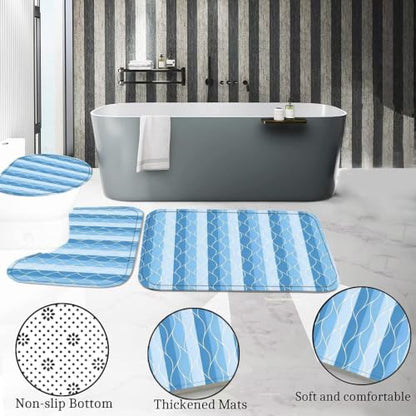 DDQQ 4Pcs Light Blue Bathroom Set Stripe Shower Curtain Set Modern Geometric Shower Curtain for Bathroom with 12 Hooks, Bathroom Carpet Bath Mat and Toilet Rugs - color: Light Blue