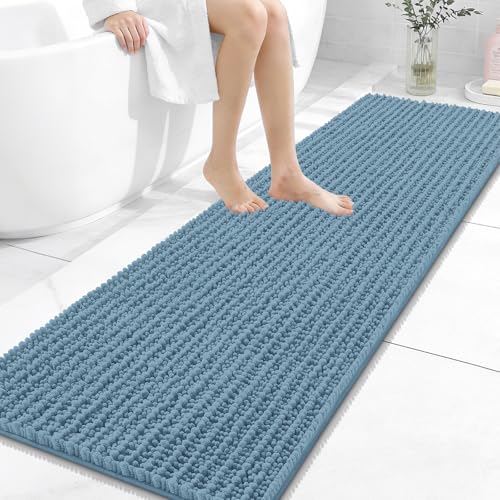 OLANLY Bathroom Runner Rugs 59x20, Thick Soft Absorbent Chenille Bath Rugs | Airy Blue, Quick-Drying Rubber Backing, Long Shaggy Bath Mat, Washable for Floor, Tub and Shower, Home Decor Accessories - color: Airy Blue, size: 59" x 20"