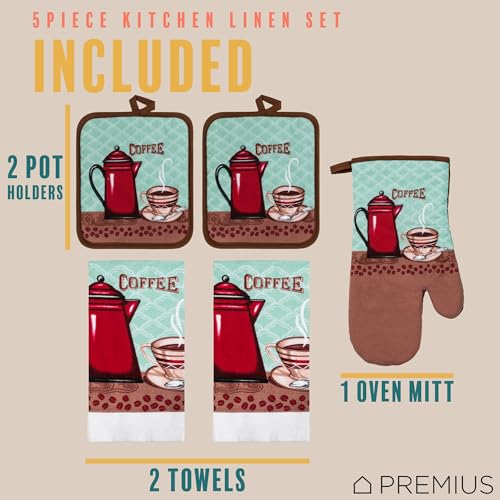 5 Piece Coffee Cup Printed Kitchen Linen Set, 2 Cotton Towels, 2 Potholders, 1 Oven Mitt with Hanging Loop, 100% Cotton Material on Front & Polyester Backing, Perfect Kitchen Accessory - color: Coffee Cup
