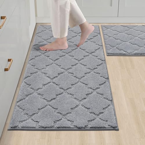 COSY HOMEER Soft Kitchen Rugs Set of 2 Non Slip 20"x30"+20"x48",Grey | Absorbent Kitchen Mat for Floor,Non-Skid Standing Mat,Washable,Stain Resistant Kitchen Runner Rug for Sink,Area Rug,Entry - color: Grey, size: 20 X 30 "+ 20 X 48 "