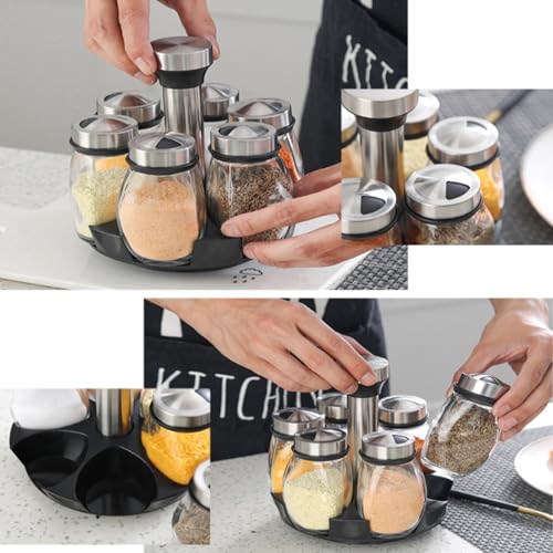Spice Jars with Rack, Revolving Spice Rack Organizer Countertop Stainless Steel Seasoning Rack Set with 6 Glass Jar Bottles Set for Home Kitchen (Single layer)