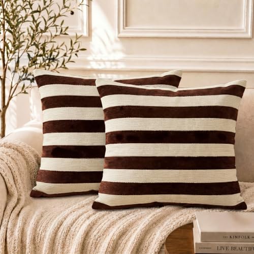 TEHALK Brown Stripes Pillow Covers 18x18 Set of 2, Boho Throw Pillows Cover for Couch/Bed/Sofa/Living Room, Pillows Cover Decorative - color: Brown, size: 18" x 18" (Pack of 2)