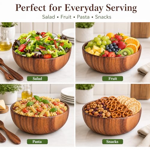Acacia Wood Salad Bowl Set with Serving Utensils, 9 Inch Wooden Serving Bowl with Salad Fork and Tongs, One-Piece Glue-Free Crack Resistant Bowl for Salad, Fruit, Pasta and Snacks