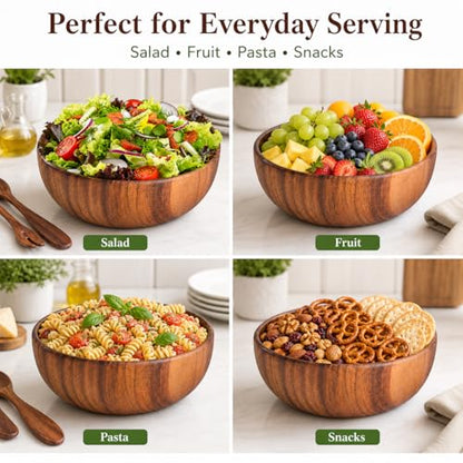 Acacia Wood Salad Bowl Set with Serving Utensils, 9 Inch Wooden Serving Bowl with Salad Fork and Tongs, One-Piece Glue-Free Crack Resistant Bowl for Salad, Fruit, Pasta and Snacks