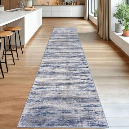 KOZYFLY Modern Abstract Washable Rug Runner 2.6x14 Hallway Rug Runner Non-Slip Soft Kitchen Runner Rugs, Grey-Blue Striped Carpet for Entryway Bathroom Laundry Room Foyer - color: Blue-grey, size: 2'8" x 14' (Runner)