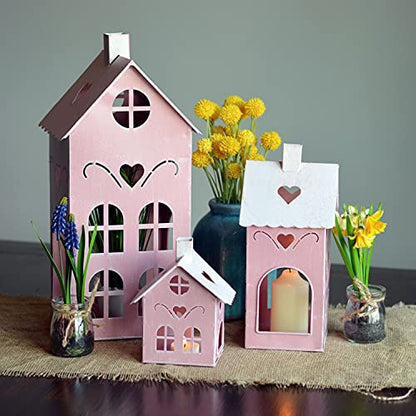 Pop Pink Town House Candle Lanterns, Set of 3, Metal, 15.75, 10.25, and 6 Inches Tall, - color: Pink