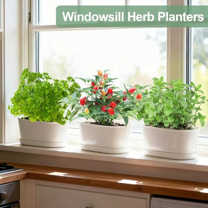 Set of 8 White Oval Window Sill Planters with Drainage Holes and Trays（7 Inch） for Herbs Basil Orchids Succulents, Modern Herb Garden Planter for Indoor/Outdoor Plants - size: 7 x 3.95 x 3.15-inch