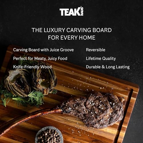 Teakhaus Carving Board with Juice Groove - Medium (M) Teak Wood Cutting Board 18”L x 14”W x 1” Thick - Lightweight, Sustainably Harvested & FSC Certified - Knife Friendly with Beeswax Oil Finish - color: Cutting Board Only, size: Medium (18 inch x 14 inch