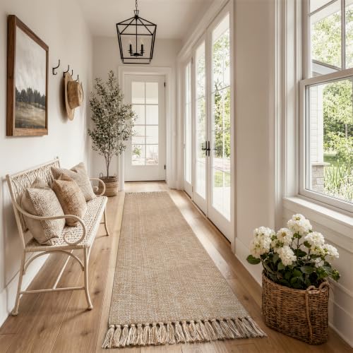Long Entry Hall Runner Rug, 2.6x14 ft Kitchen Carpet | Washable Boho Bedroom Rug, Tan Modern Farmhouse Braided Woven Cotton Carpets Runners for Bedside, Entry - color: Tan/Cream, size: 2.6' x 14' (Rectangular)