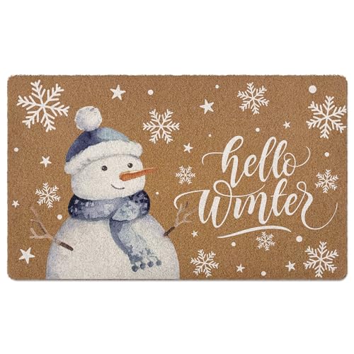 Hello Winter Snowman Door Mat, Snowflake Blue Snowman Welcome Artificial Coir Front Door Mat Indoor Outdoor Entrance, Christmas Holiday Doormat Rug for Porch Entryway Patio Decor, 17X30 Inch - color: White