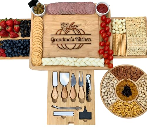 Engraved Charcuterie Board Gift – Custom Bamboo Cheese Tray 15.25" x 13" with Utensils – Wedding Registry, Housewarming & Holiday Present - color: Design #29