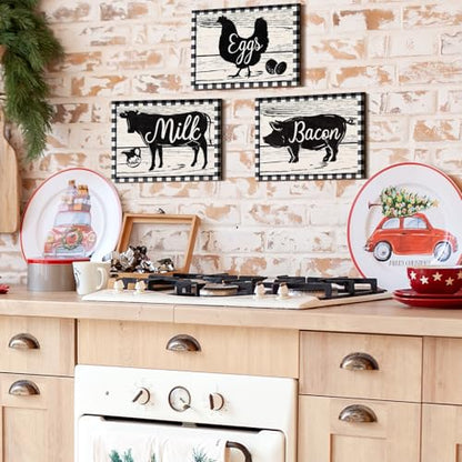 Jetec 3 Pieces Farmhouse Kitchen Decor Wooden Pig Cow Chicken Signs Rustic Buffalo Plaid Wall Art Farm Animal Plaque for Kitchen Home Wall Decorations, 11.8 x 8.8 Inch - size: 11.8 x 8.8 Inch