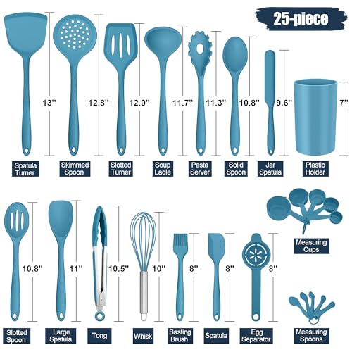 E-far Silicone Cooking Utensils Set, 25 Piece Kitchen Utensils with Holder, Non Toxic Kitchen Tools Spatula, Turner, Spoon, Ladle for Nonstick Cookware, Heat Resistant & Dishwasher Safe - Blue - color: Blue