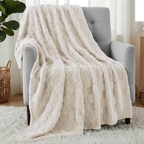 Utopia Bedding Plush Checkered Fleece Blanket Linen Throw (50x60 Inches) | Soft, Cozy, Couch, Bed, Home Decor, Travel Friendly, Throws, Gift for Women and Men - color: Linen, size: Throw